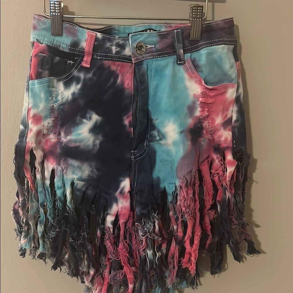 Tie-Dye Fringe Denim Shorts